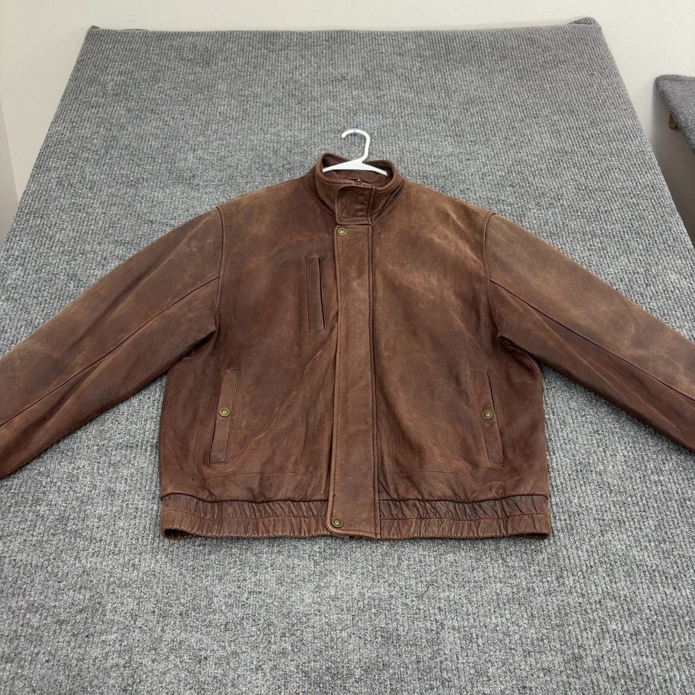 Vintage Leather Jacket Mens Brown Leather Distressed Bomber Mock Neck Streetwear